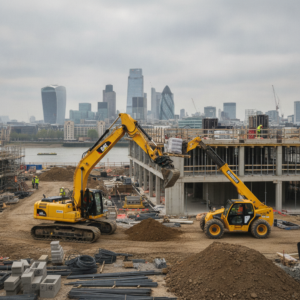 Plant hire London: excavator and telehandler from BML Plant Ltd on site